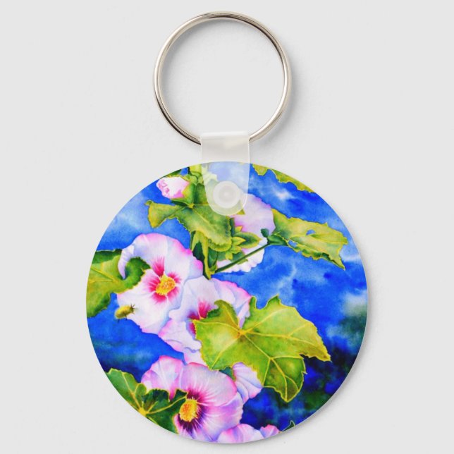 Elegant watercolor Hollyhocks Keychain (Front)