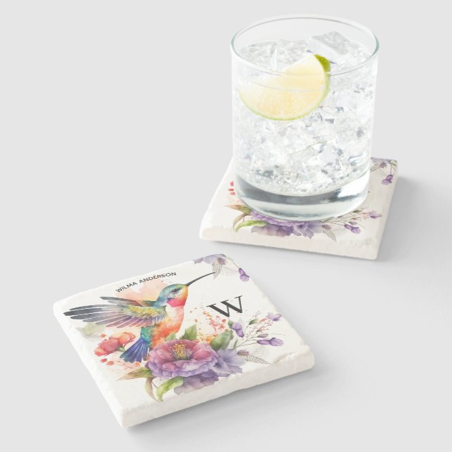Elegant Watercolor Hummingbird Monogram With Name Stone Coaster (Side)