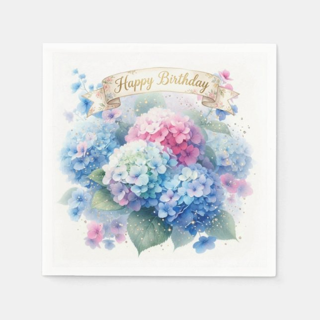 Elegant Watercolor Hydrangea Floral Birthday Party Napkin (Front)