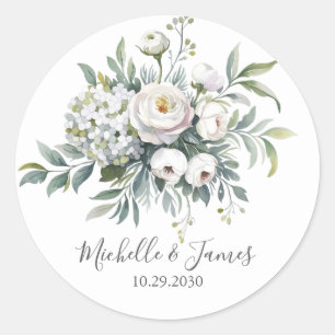Elegant watercolor Hydrangea Rose Floral Wedding Classic Round Sticker