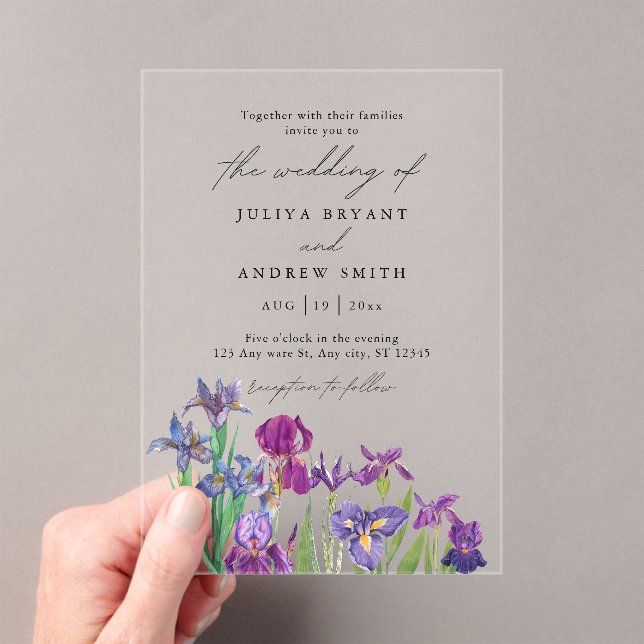 Elegant watercolor Iris in white script wedding Acrylic Invitations (Insitu (Handheld))
