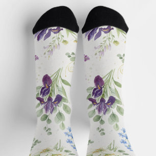 Elegant Watercolor Iris & Lily Bouquet Socks