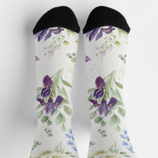 Elegant Watercolor Iris & Lily Bouquet Socks
