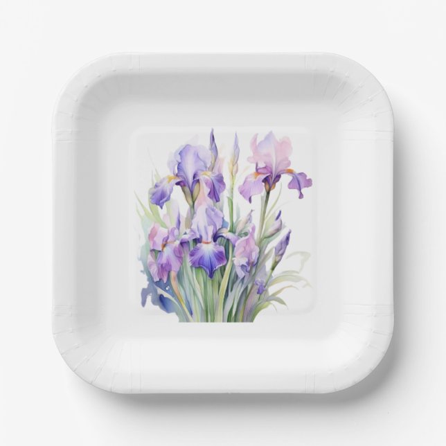 Elegant Watercolor Iris Paper Plates (Front)