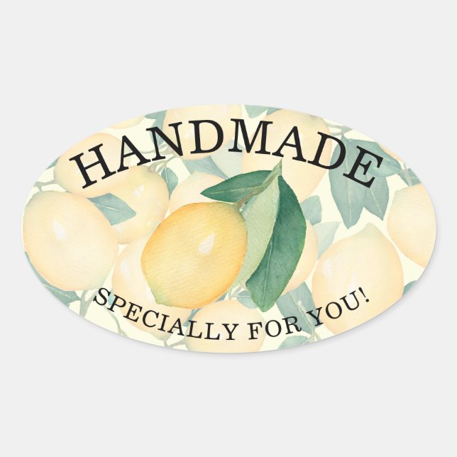 Elegant Watercolor Italian Lemons Leaves HANDMADE Oval Sticker (Front)