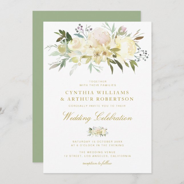 elegant watercolor ivory floral wedding invitation (Front/Back)