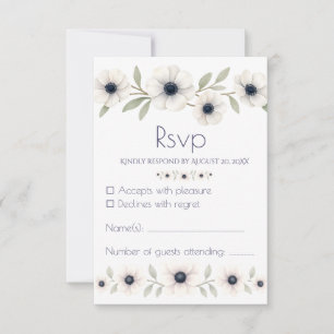 Elegant Watercolor Ivory Navy Blue Anemone Wedding RSVP Card
