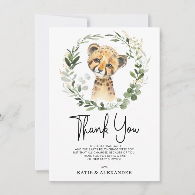 Elegant Watercolor Jungle Greenery Baby Leopard Thank You Card (Front)
