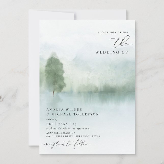 Elegant Watercolor Lake and Trees Wedding Invitati Invitation (Front)