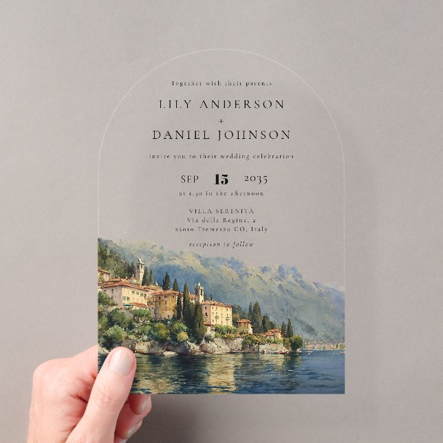 Elegant Watercolor Lake Como Italian Wedding Arch Acrylic Invitations (Insitu (Handheld))