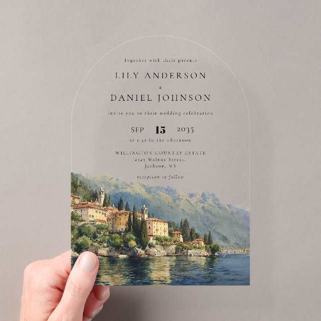 Elegant Watercolor Lake Como Italian Wedding Arch Acrylic Invitations (Insitu (Handheld))
