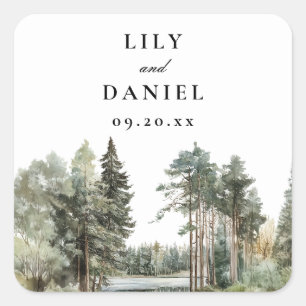 Elegant Watercolor Lake Forest Woodland Wedding Square Sticker