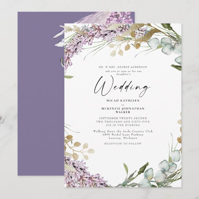 Elegant Watercolor Lavender Floral Wedding  Invitation (Front/Back)