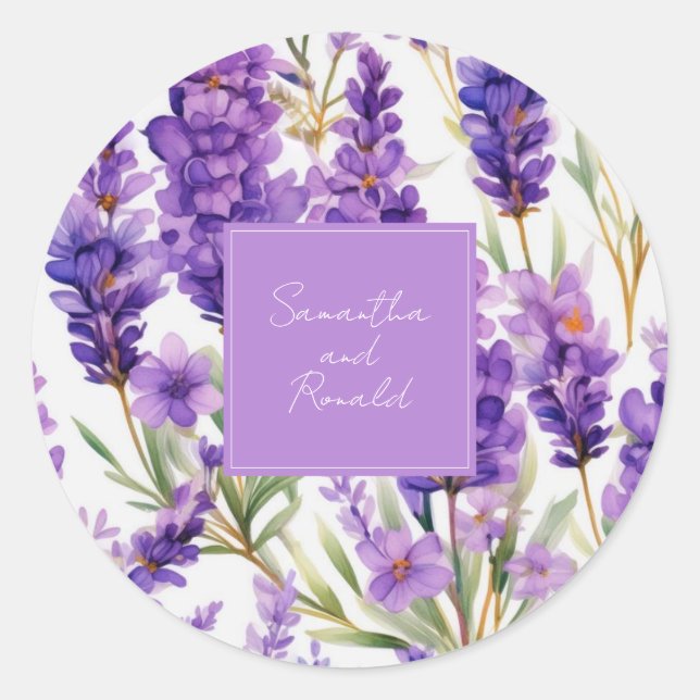 Elegant Watercolor Lavender Flowers Wedding Classic Round Sticker (Front)