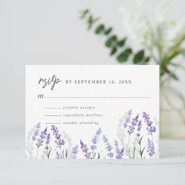 Elegant Watercolor Lavender Flowers Wedding RSVP Card (Standing Front)