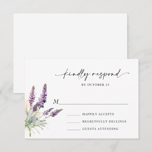 Elegant Watercolor Lavender Flowers Wedding RSVP Card (Front/Back)