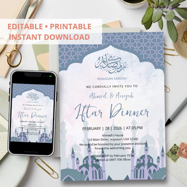 Elegant Watercolor Lavender Mosque Iftar Dinner Invitation (Creator Uploaded)