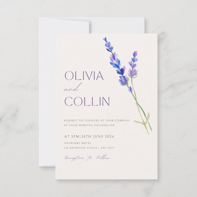 Elegant Watercolor Lavender Wedding Invitation (Front)