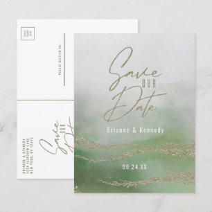 Elegant Watercolor Leaf Green & Gold Save the Date Announcement Postcard