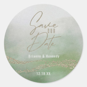 Elegant Watercolor Leaf Green & Gold Save the Date Classic Round Sticker