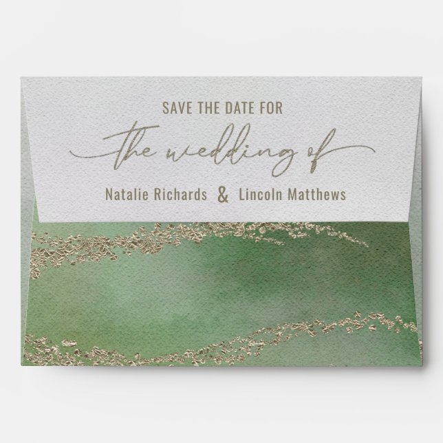 Elegant Watercolor Leaf Green & Gold Save the Date Envelope (Back (Top Flap))