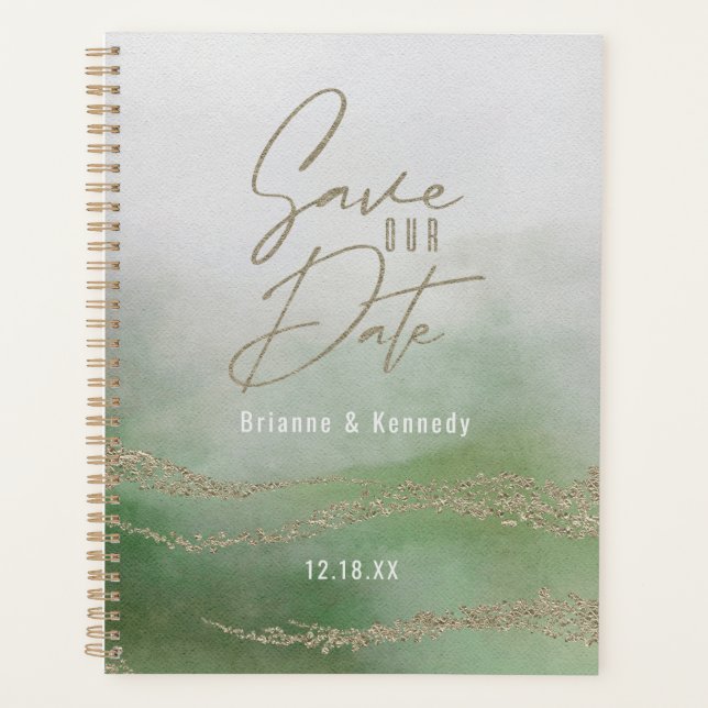 Elegant Watercolor Leaf Green & Gold Save the Date Planner (Front)