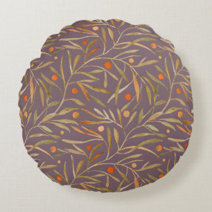Elegant Watercolor Leaf Pattern Purple Background Round Pillow