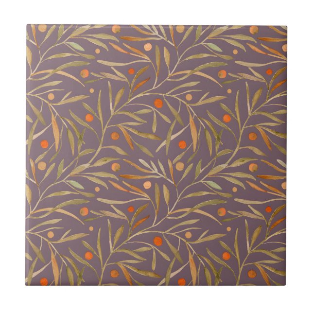 Elegant Watercolor Leaf Pattern  Purple Background Tile (Front)