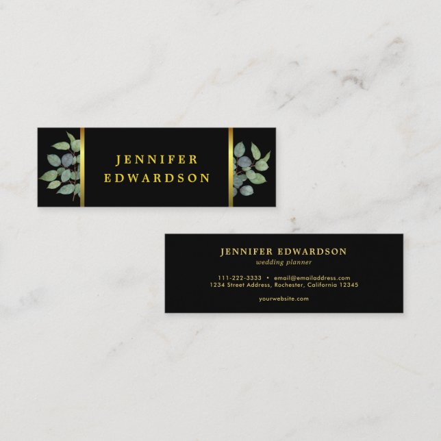 Elegant watercolor leaves black gold professional mini business card (Front/Back)