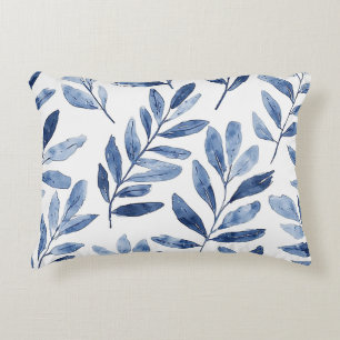 Elegant Watercolor Leaves Pattern Indigo Blue Accent Pillow