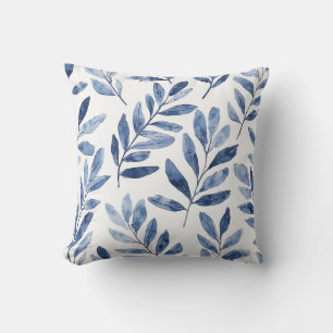 Elegant Watercolor Leaves Pattern Indigo Blue Throw Pillow