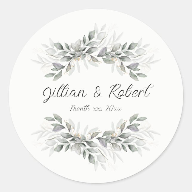 Elegant Watercolor Leaves Wedding Classic Round Sticker (Front)