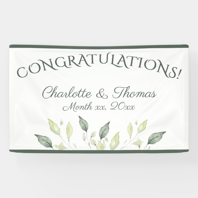 Elegant Watercolor Leaves Wedding Congratulations Banner (Horizontal)