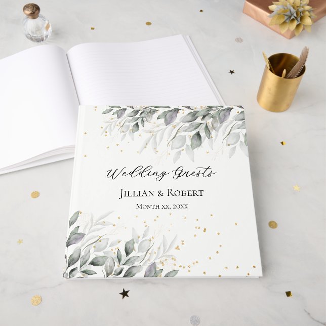 Elegant Watercolor Leaves Wedding Guest Book (Front Open)