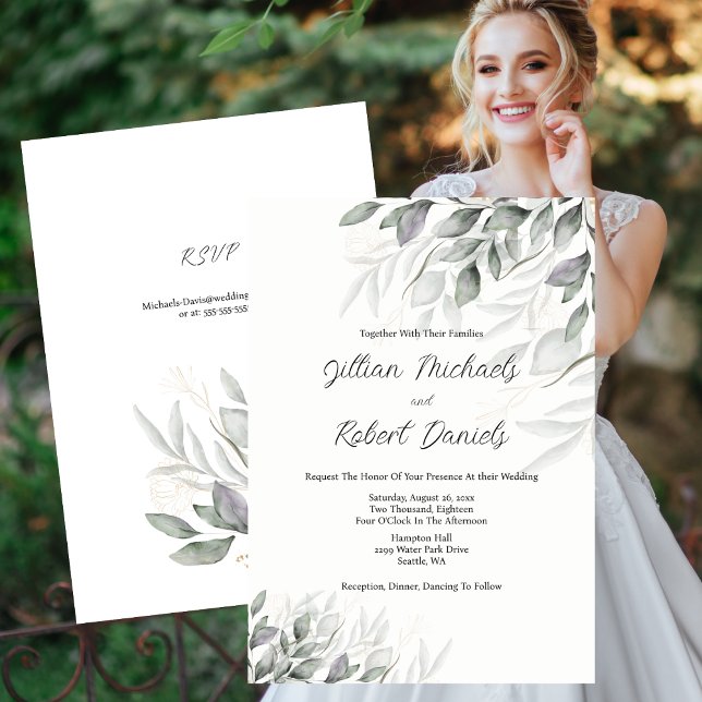 Elegant Watercolor Leaves Wedding with RSVP Invitation (Elegant Watercolor Leaves Wedding with RSVP Invitation)