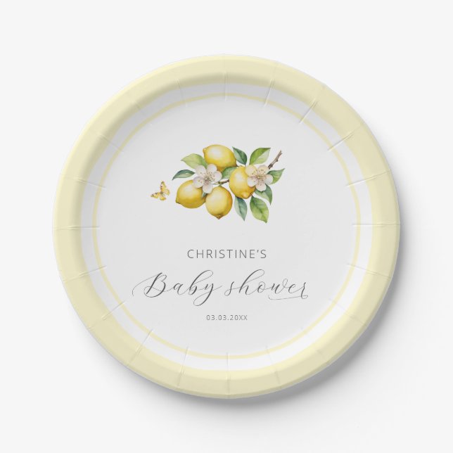Elegant Watercolor Lemon Baby Shower Paper Plate (Front)