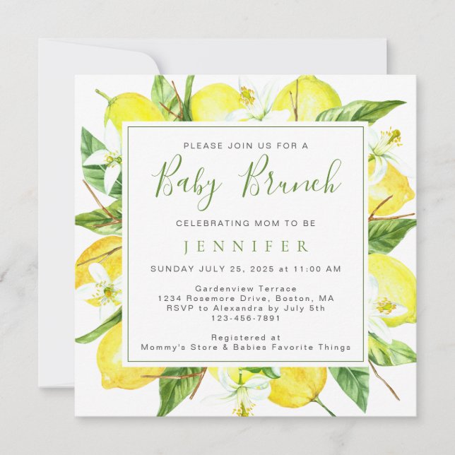 Elegant Watercolor Lemon Botanical Baby Brunch Invitation (Front)