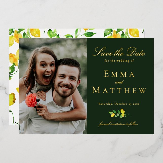 Elegant Watercolor Lemon Photo Dark Green (Front/Back)