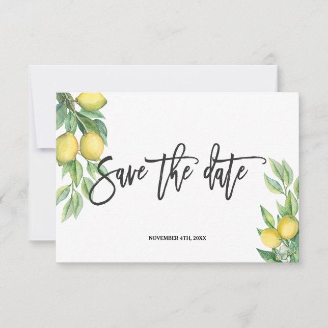 Elegant Watercolor Lemon Tropical Wedding Save The Date (Front)