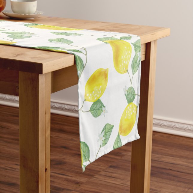 Elegant Watercolor Lemons & Blossoms Short Table Runner (In Situ)