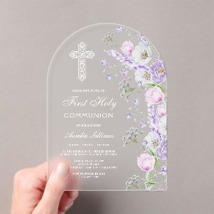 Elegant Watercolor Lilac Flowers First Communion Acrylic Invitations