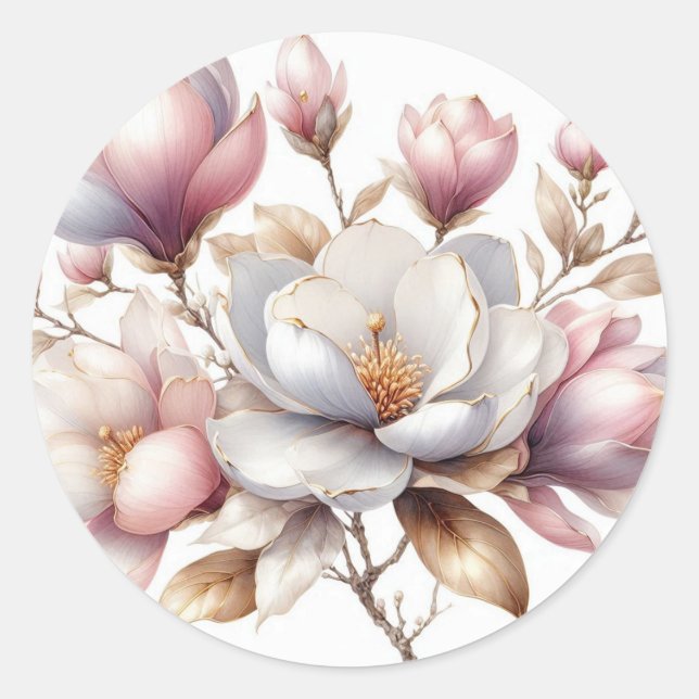 Elegant watercolor magnolia flowers classic round sticker (Front)