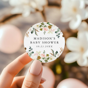 Elegant Watercolor Magnolias Baby Shower Classic Round Sticker
