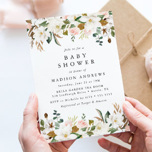 Elegant Watercolor Magnolias Floral Baby Shower Invitation