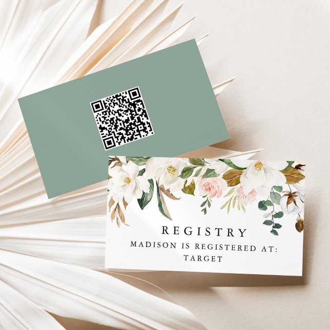 Elegant Watercolor Magnolias QR Code Baby Registry Enclosure Card (Creator Uploaded)