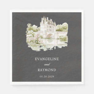 Elegant Watercolor Manor Garden Grey Wedding Napkin