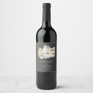 Elegant Watercolor Manor Garden Grey Wedding Wine Label