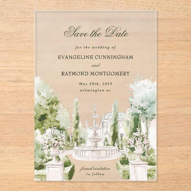Elegant Watercolor Manor Garden Wedding Acrylic Invitations (Front)