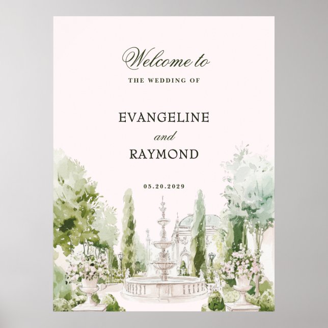 Elegant Watercolor Manor Garden Wedding Poster (Front)