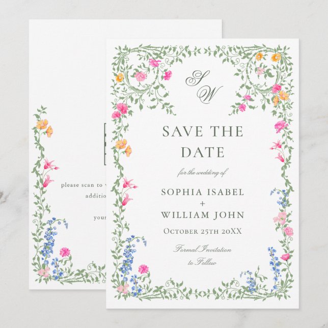 Elegant Watercolor Meadow Wildflower Wedding Save The Date (Front/Back)